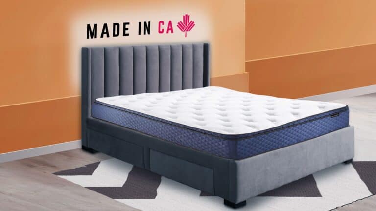 Silk & Snow Hybrid sitting on the bed frame in the Made in CA sleep room